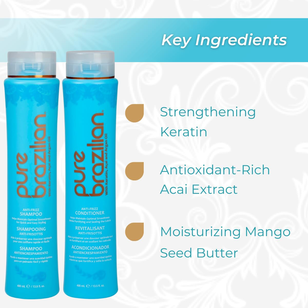 anti Frizz Daily Shampoo & Conditioner - Salt-Free & Color Safe Shampoo & Conditioner Enriched with Keratin, Argan Oil, and Acai (13.5 Ounce / 400 Milliliter)