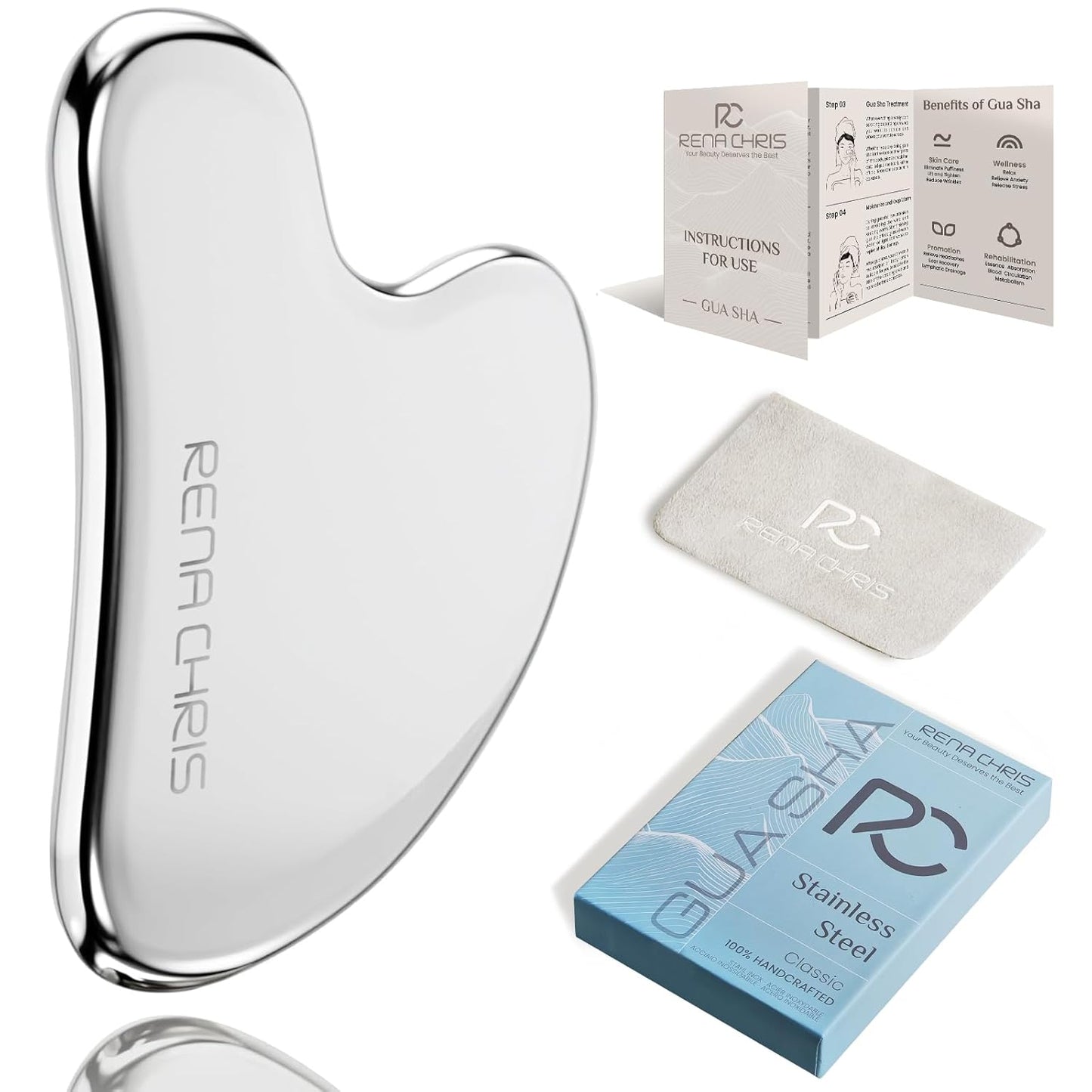 Gua Sha Facial Tools, Stainless Steel Guasha Tool for Acupuncture, Manual Massage Tool for Jawline Sculpting and Puffiness Reducing, Gua Sha Facial Massage Tool, Skin-Care Gift (Silver)